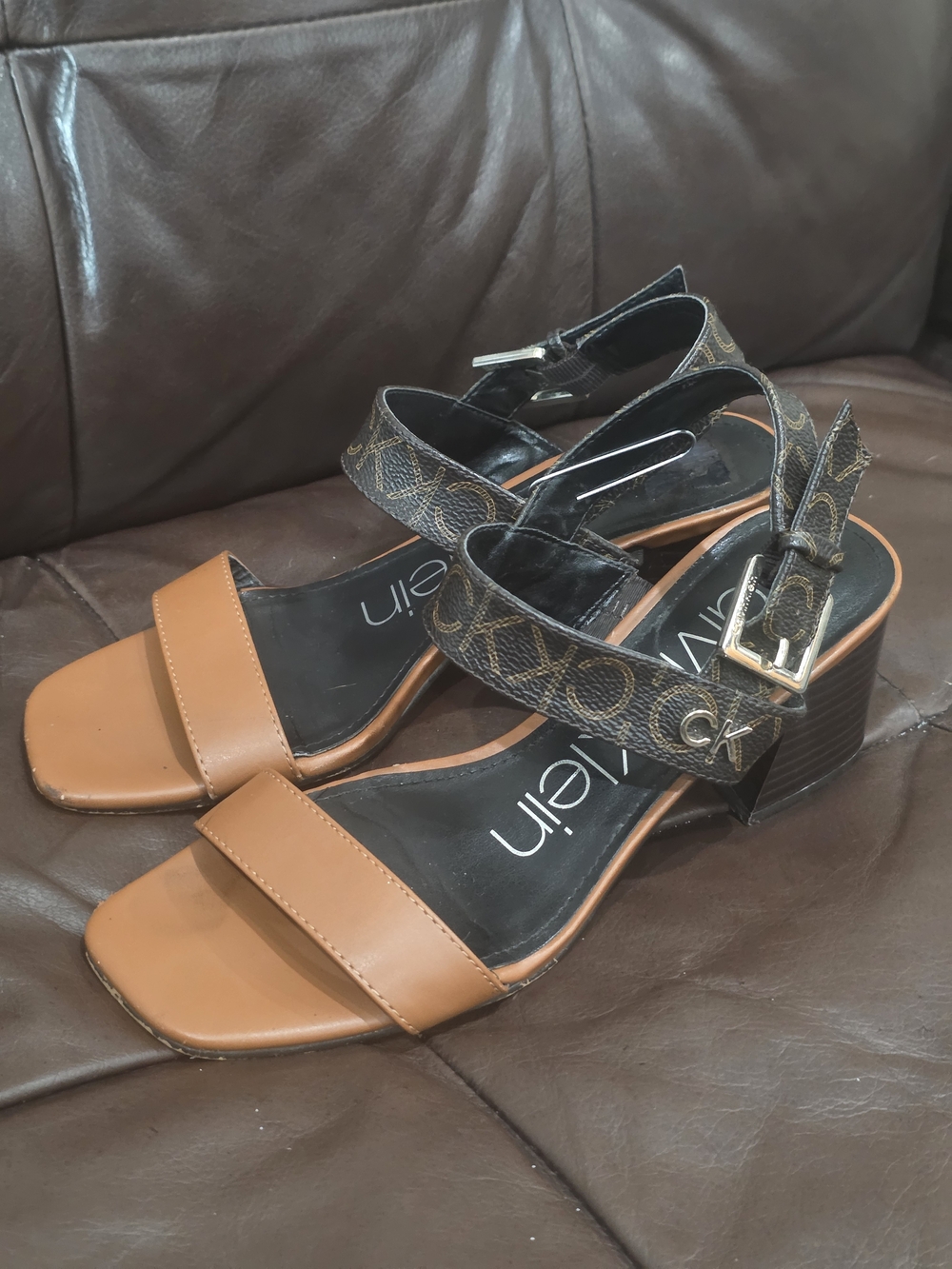 Calvin Klein Tan and Brown Block Heel Sandals
